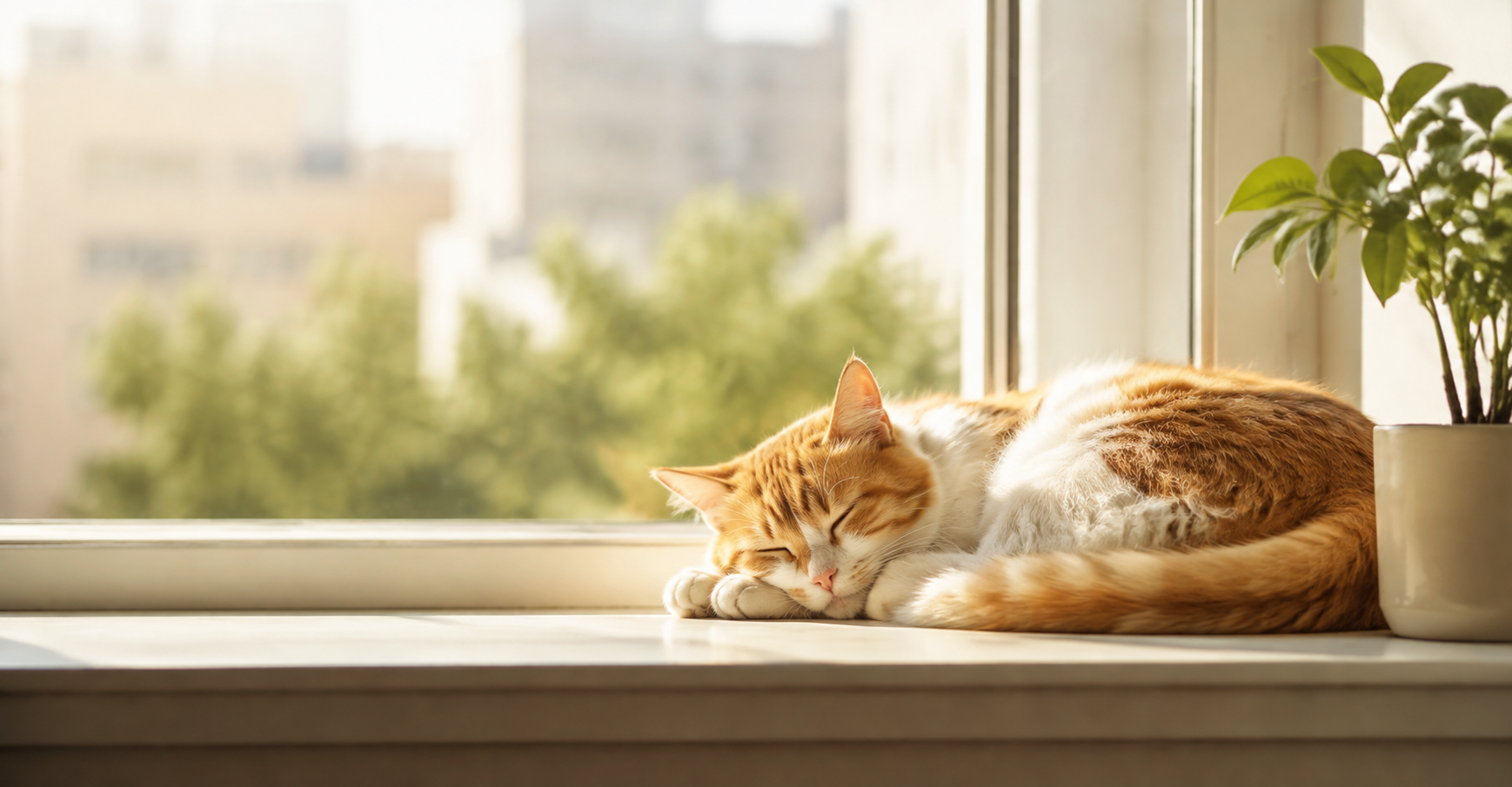 Orange and white cat resting by a sunny window